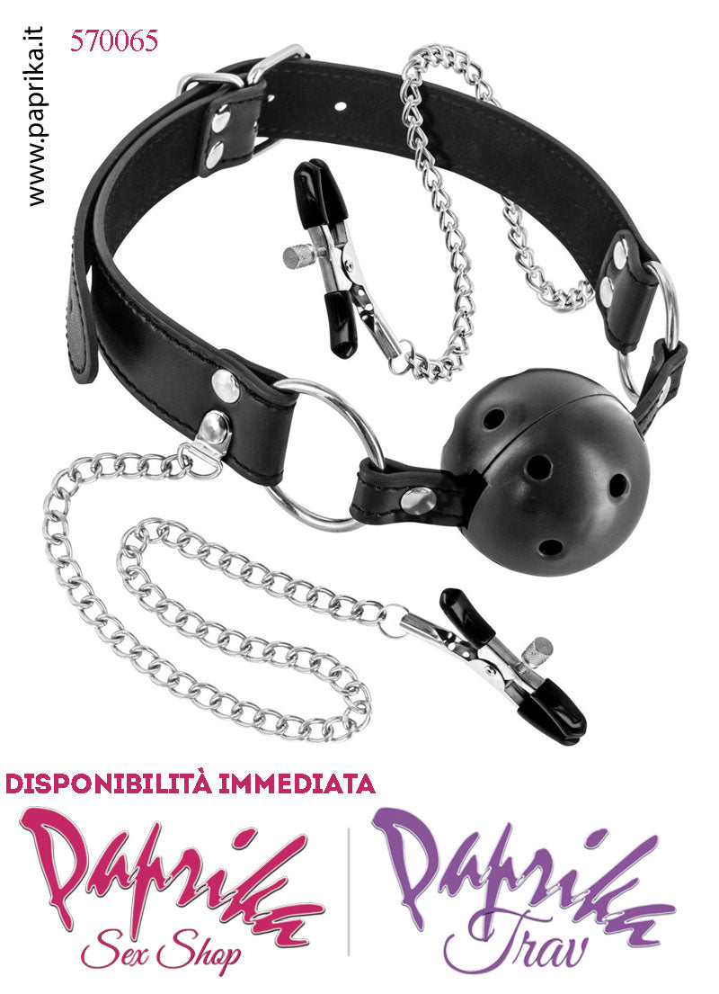 Gag Bocca Pallina Traforata Silicone Pinzette Regolabili Capezzoli  