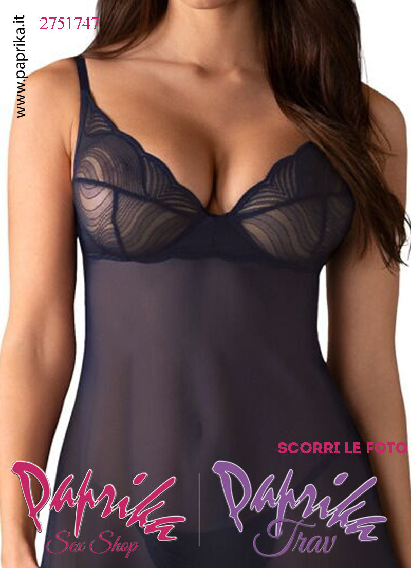 Baby Doll Chemise Sexy Ferretto Pizzo Lavorato Blu Notte Perizoma