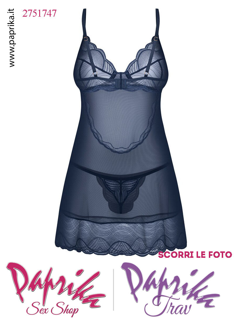 Baby Doll Chemise Sexy Ferretto Pizzo Lavorato Blu Notte Perizoma