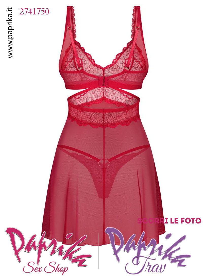 Baby Doll Svasato Pizzo Tulle Perizoma Chiuso Cuore Posteriore