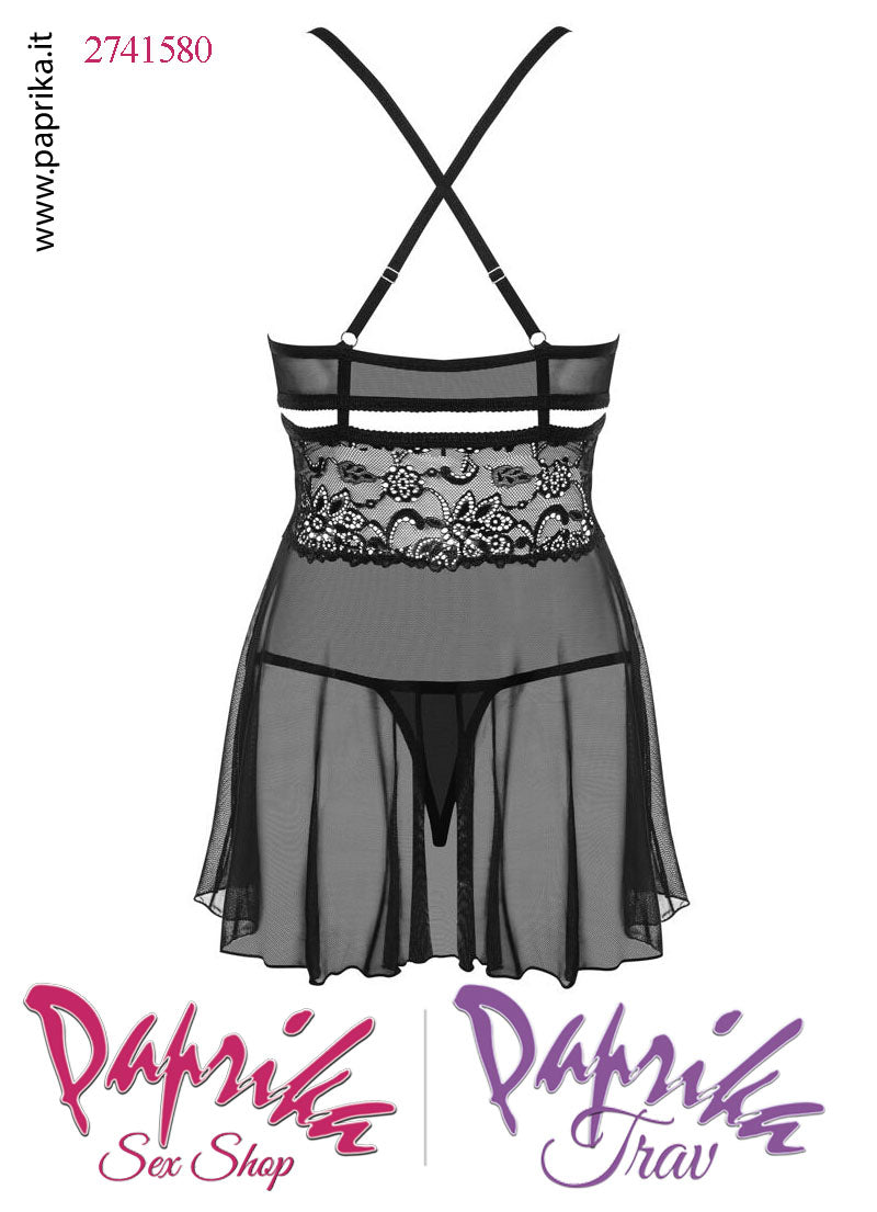 Baby Doll Corto Sexy Pizzo Ampia Scollatura Tulle Svasato Perizoma