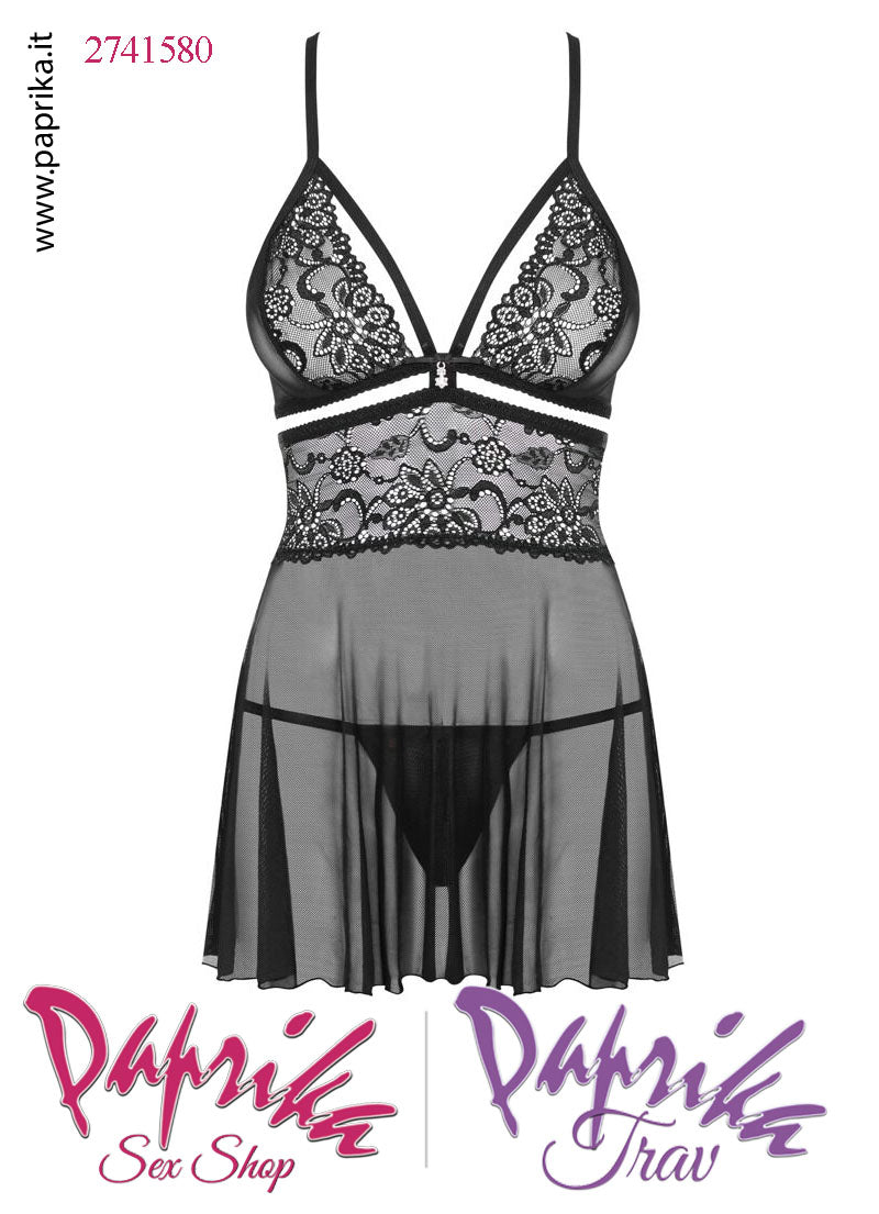 Baby Doll Corto Sexy Pizzo Ampia Scollatura Tulle Svasato Perizoma