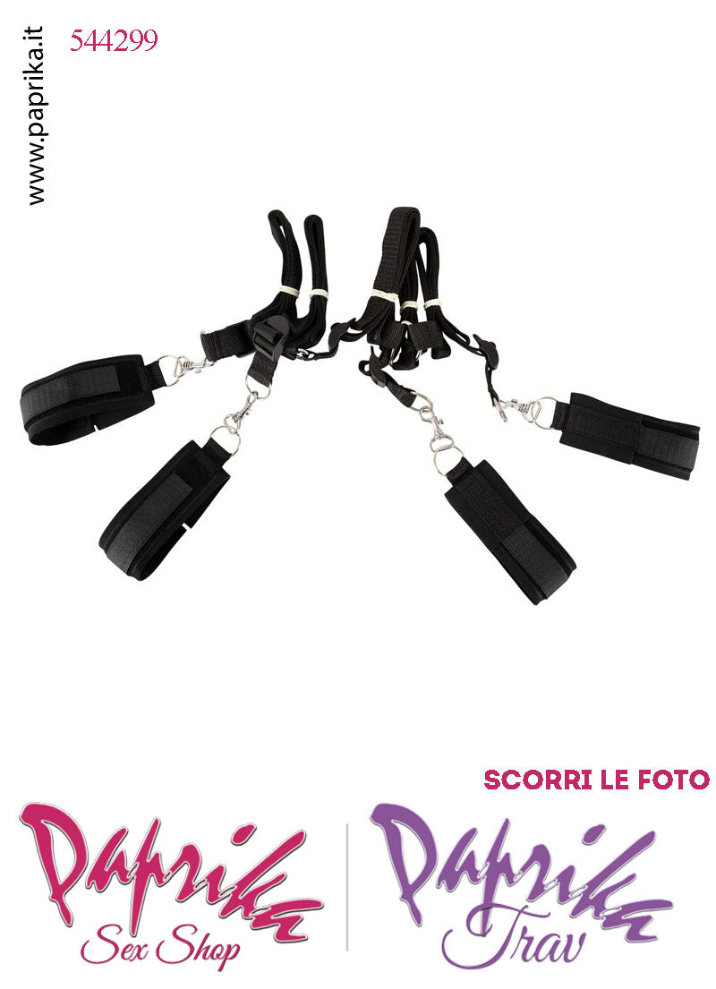 Set Bondage Letto Manette Cavigliere Apribili Velcro Moschettoni Cinghie