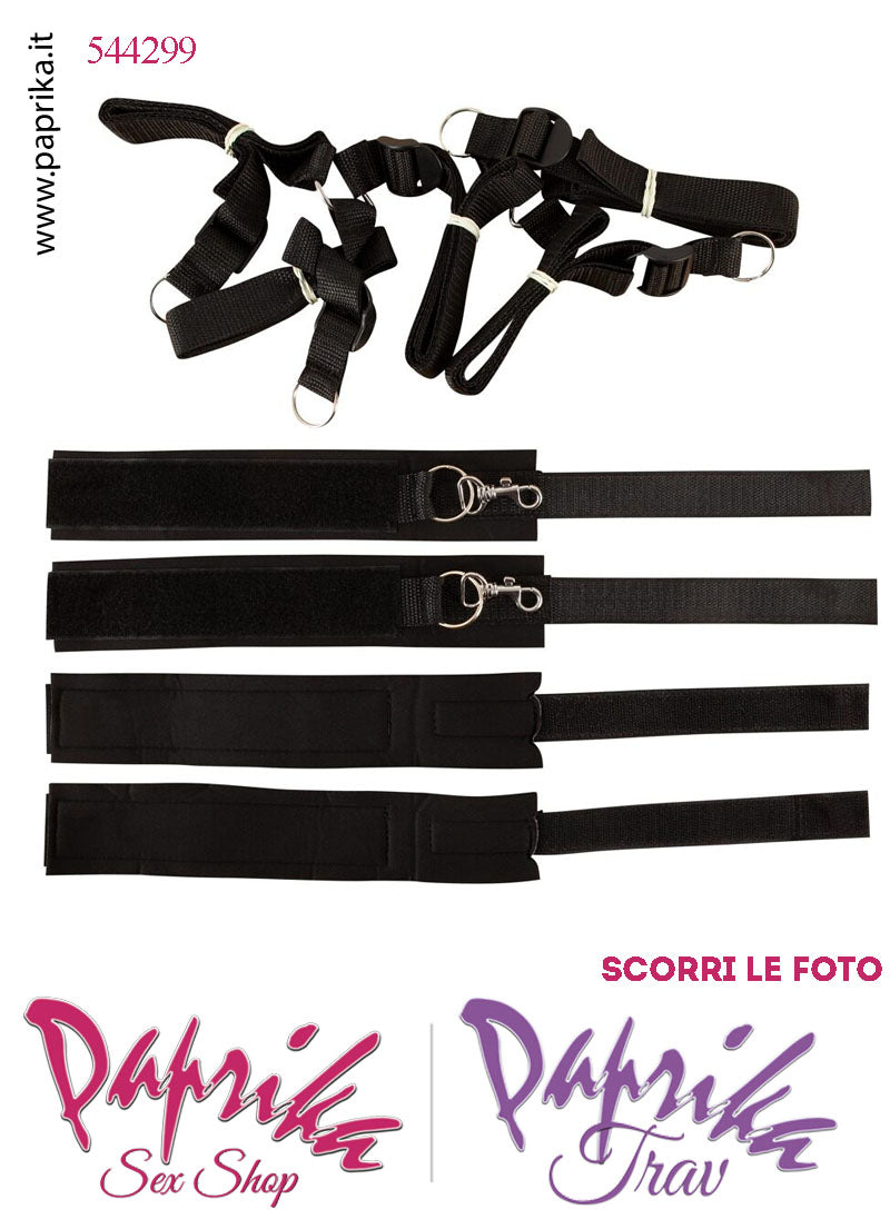 Set Bondage Letto Manette Cavigliere Apribili Velcro Moschettoni Cinghie