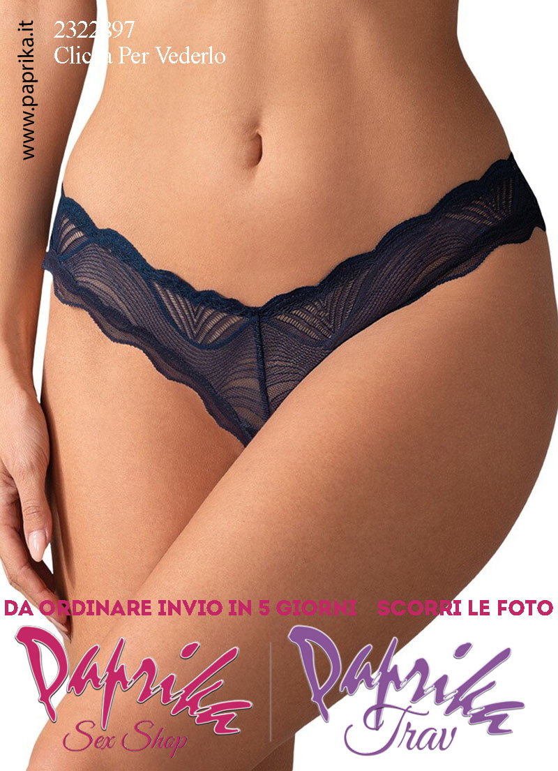 Perizoma Slip Sexy Apertura Elegante Pizzo Lavorato Blu Notte