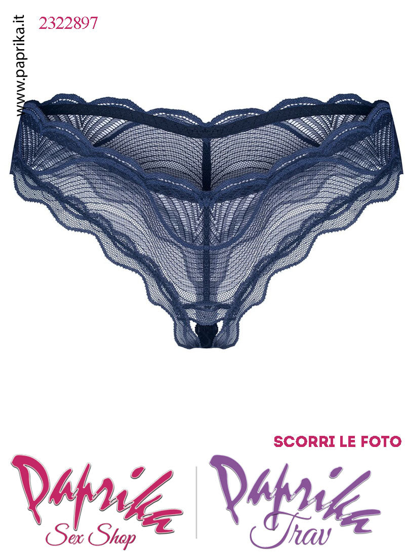 Perizoma Slip Sexy Apertura Elegante Pizzo Lavorato Blu Notte