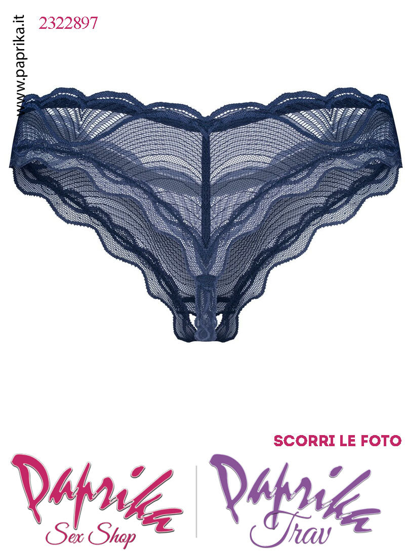 Perizoma Slip Sexy Apertura Elegante Pizzo Lavorato Blu Notte