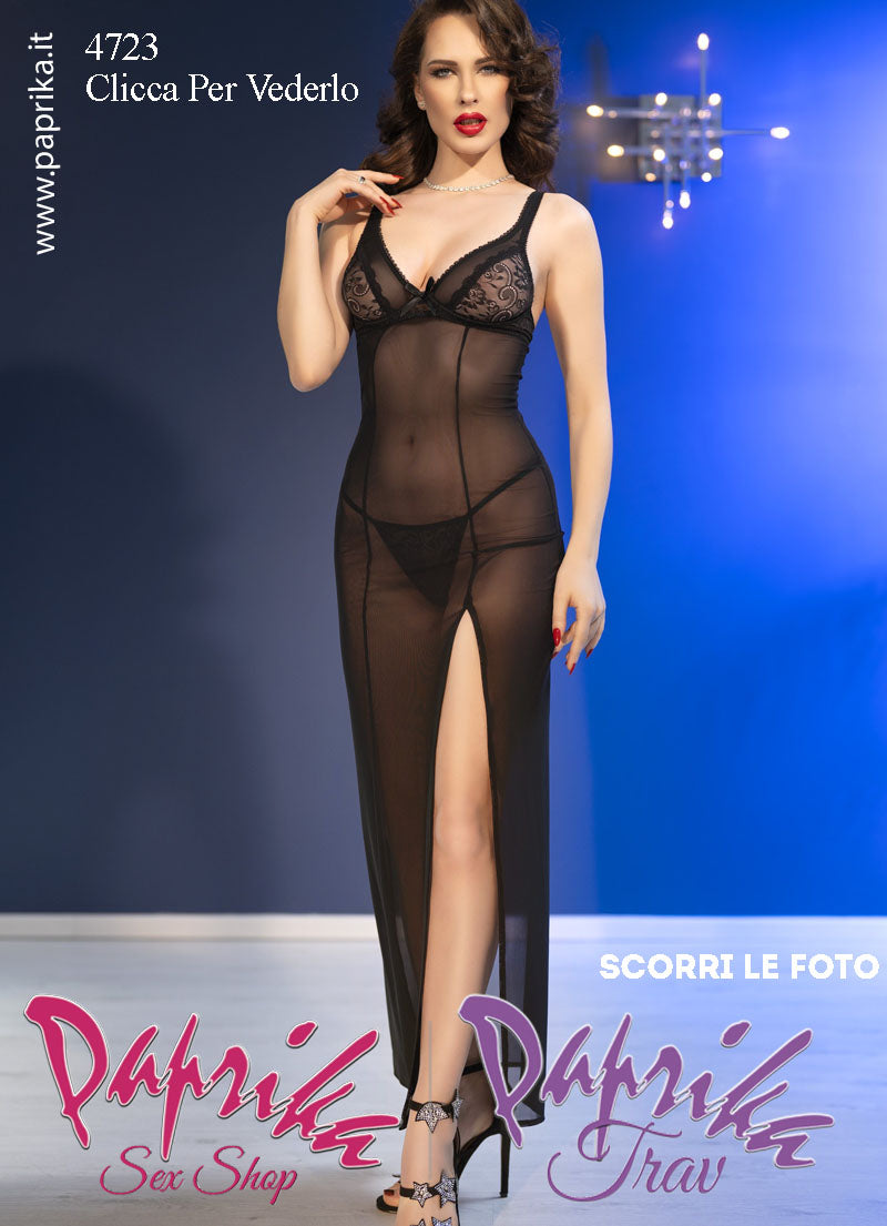 Baby Doll Lungo Négligé Tulle Stringatura Dietro Ampio Spacco Laterale Perizoma