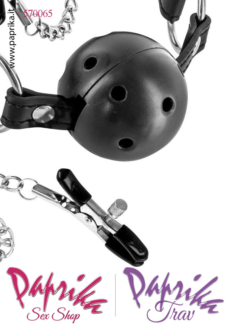 Gag Bocca Pallina Traforata Silicone Pinzette Regolabili Capezzoli Bdsm Fetish