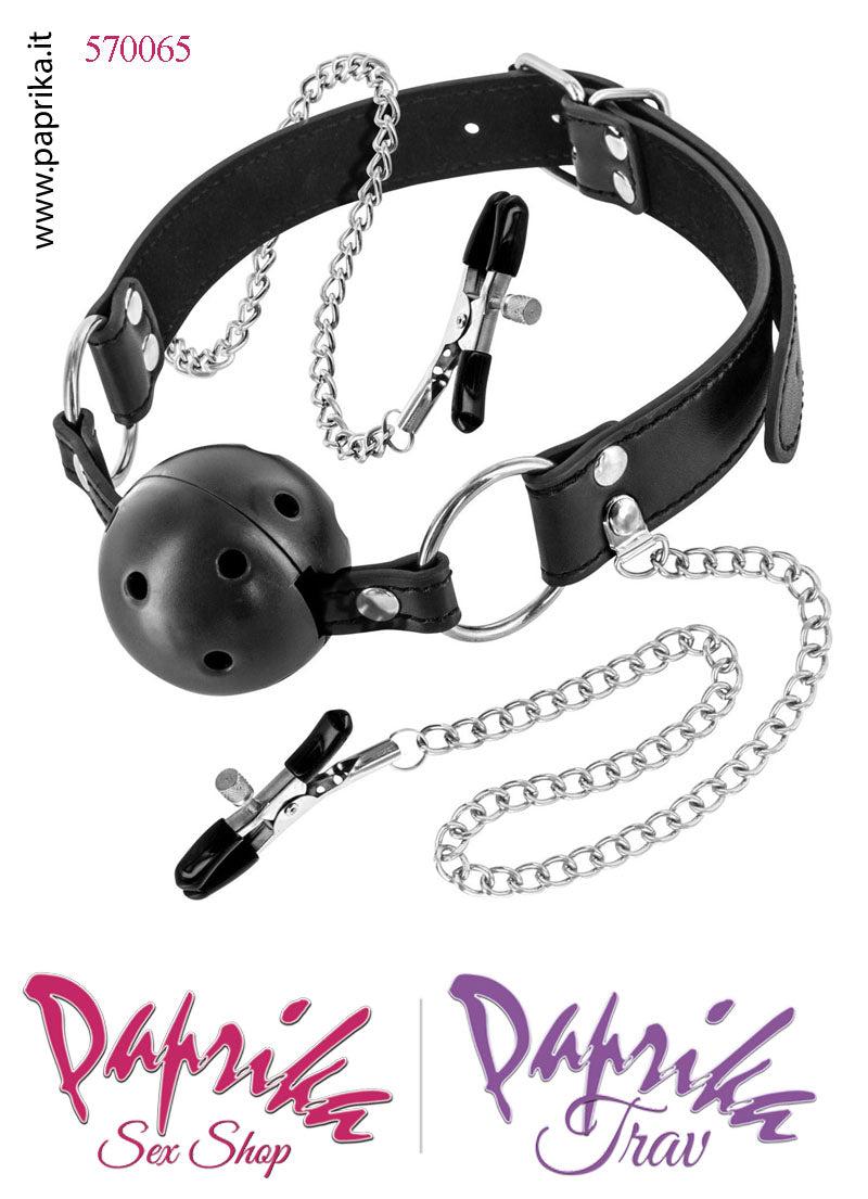 Gag Bocca Pallina Traforata Silicone Pinzette Regolabili Capezzoli Bdsm Fetish