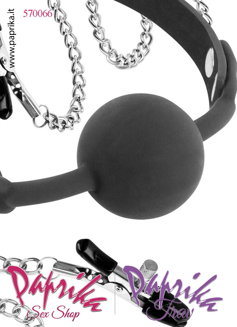 Gag Bocca Pallina Piena Silicone Pinzette Regolabili Capezzoli Bdsm Fetish