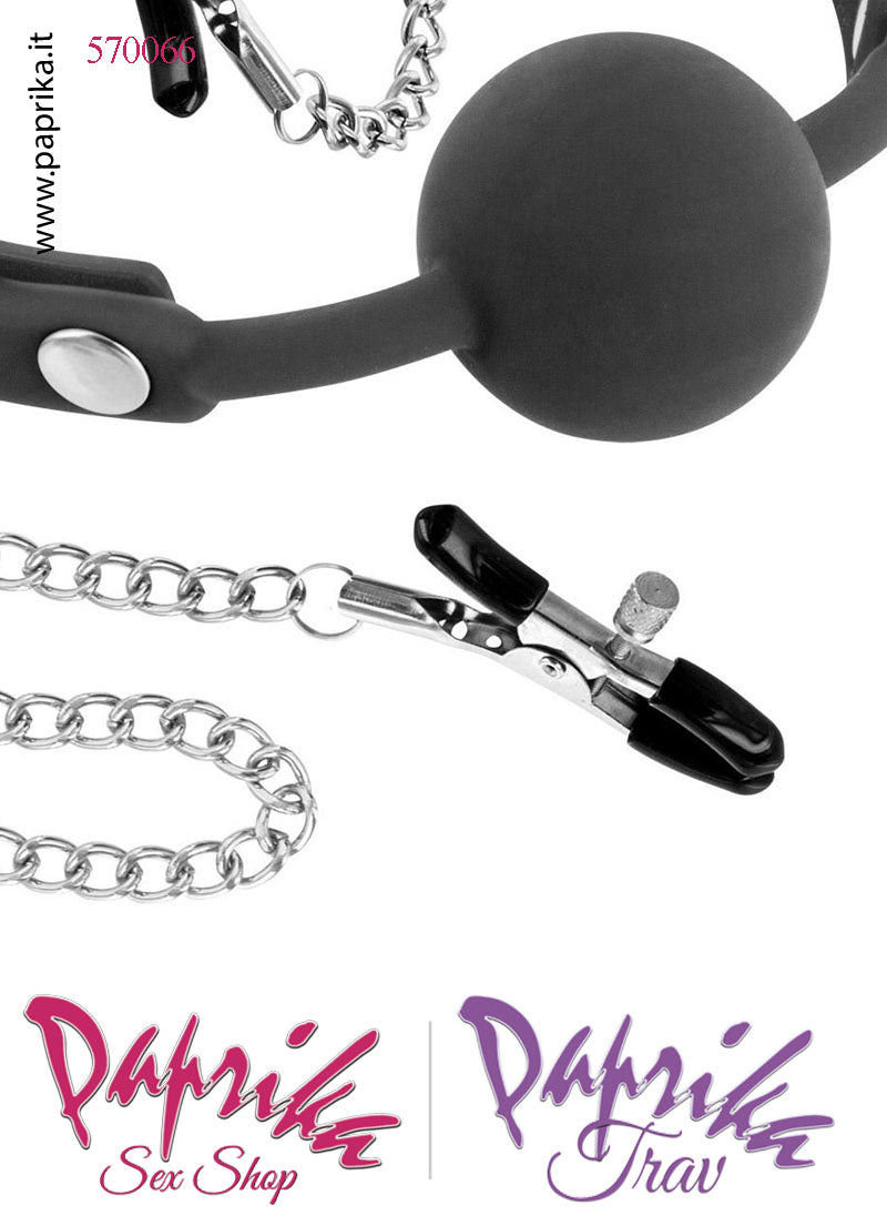 Gag Bocca Pallina Piena Silicone Pinzette Regolabili Capezzoli Bdsm Fetish