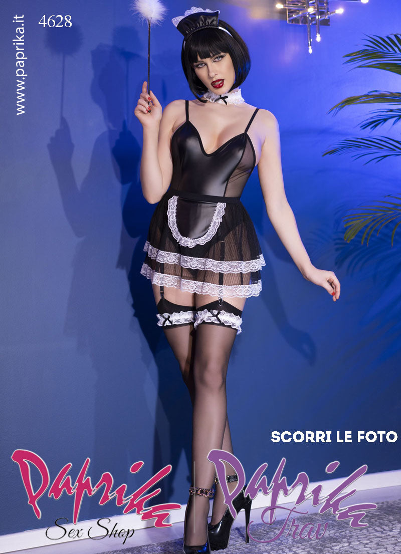 Costume Cameriera Body Sexy Aperto 6 Pezzi 4 Reggicalze Sissy Maid