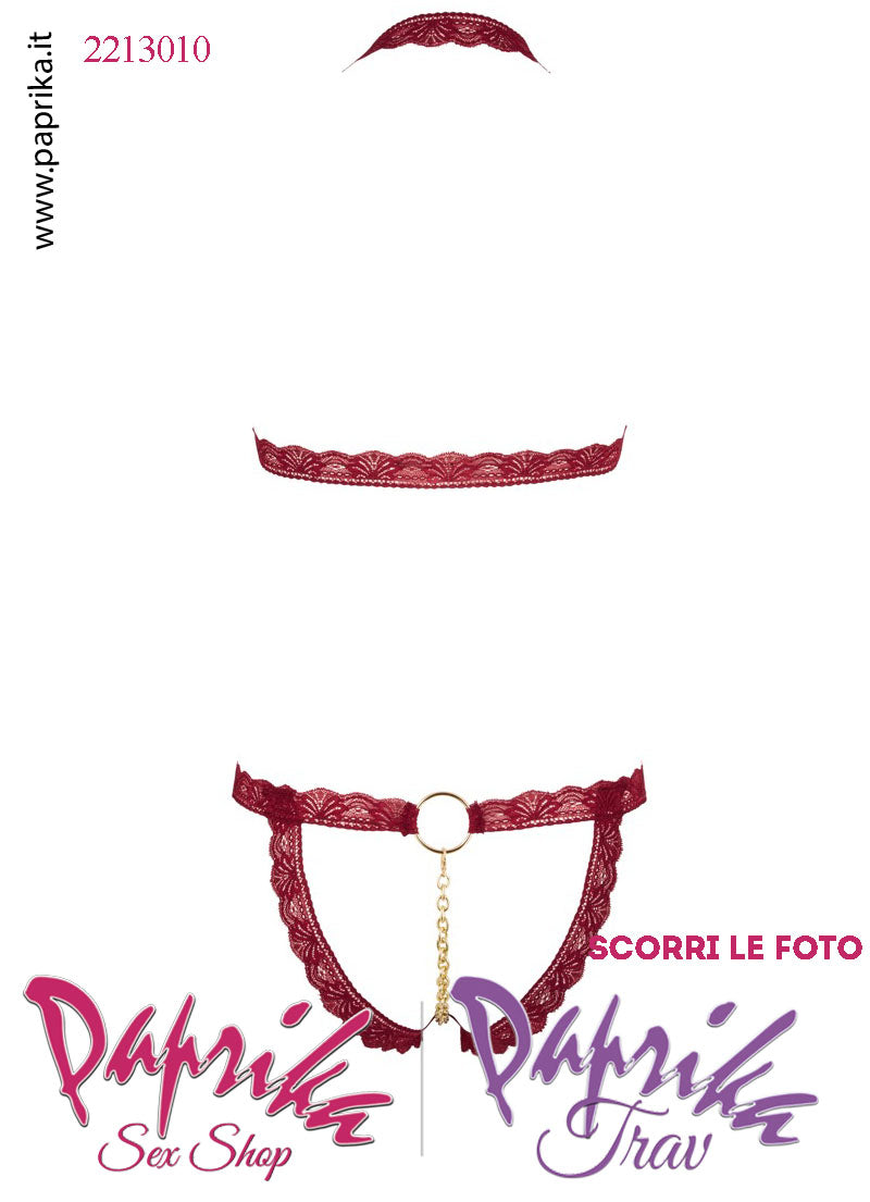 Coordinato Sexy Pizzo Reggiseno Perizoma Aperto Total Nude Bordeaux