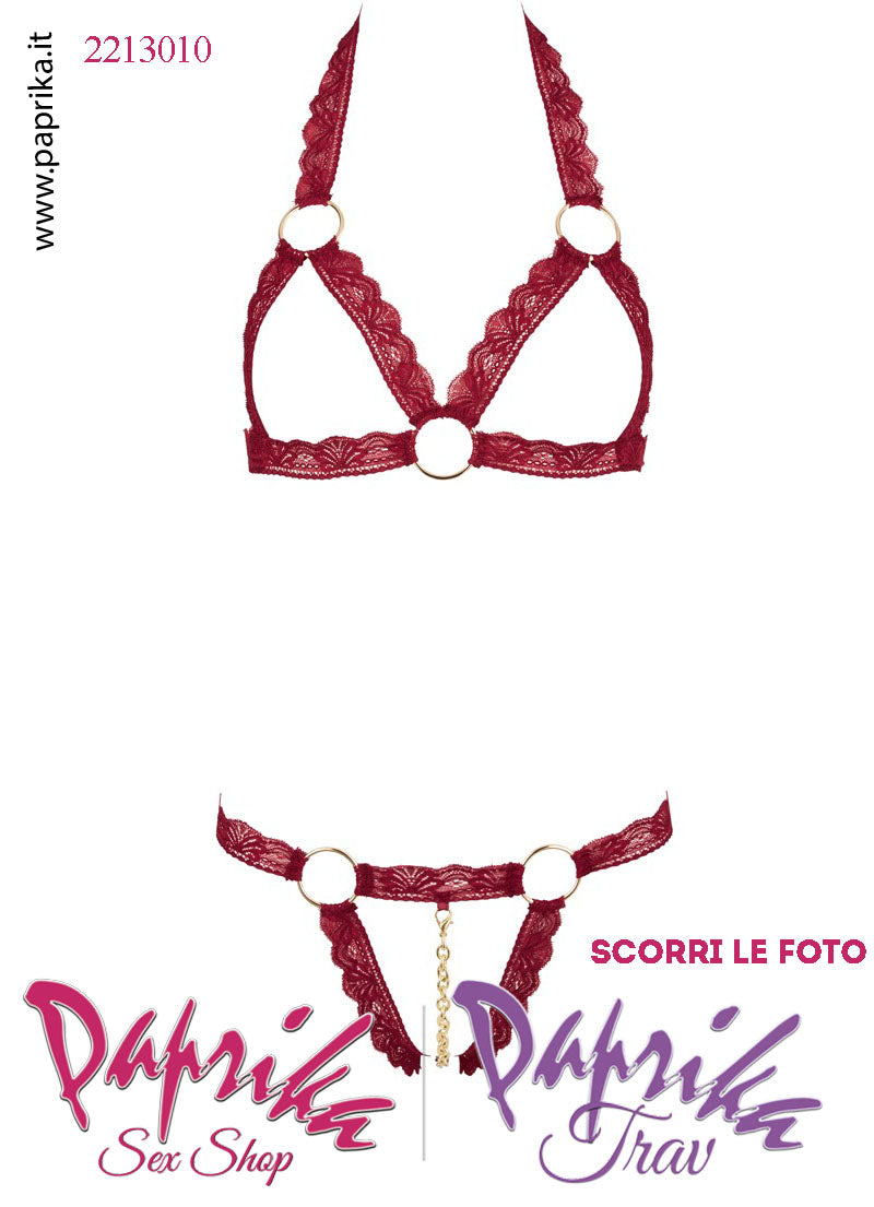 Coordinato Sexy Pizzo Reggiseno Perizoma Aperto Total Nude Bordeaux