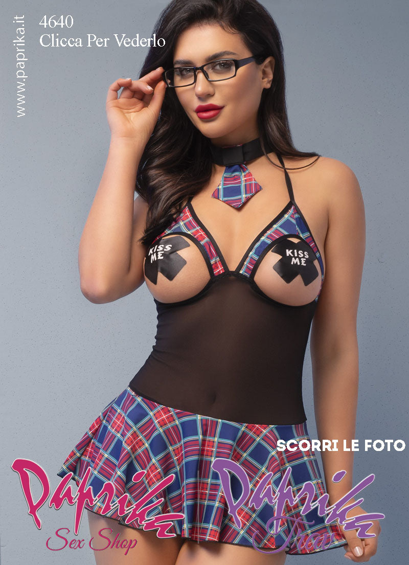 Costume Sexy Scolaretta Seno Nudo 6 Pezzi Tessuto Scozzese Tulle