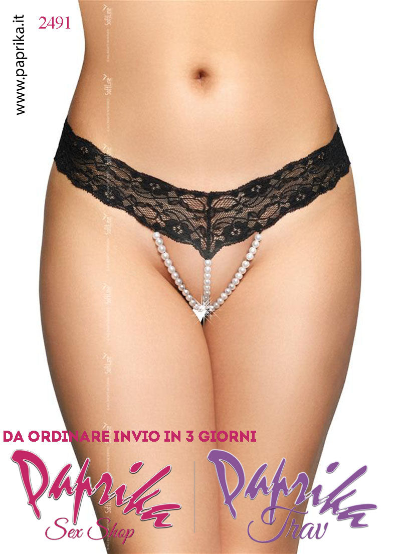 Perizoma Aperto Sexy Pizzo Perle Centrali e Cavallo Elastici Alti