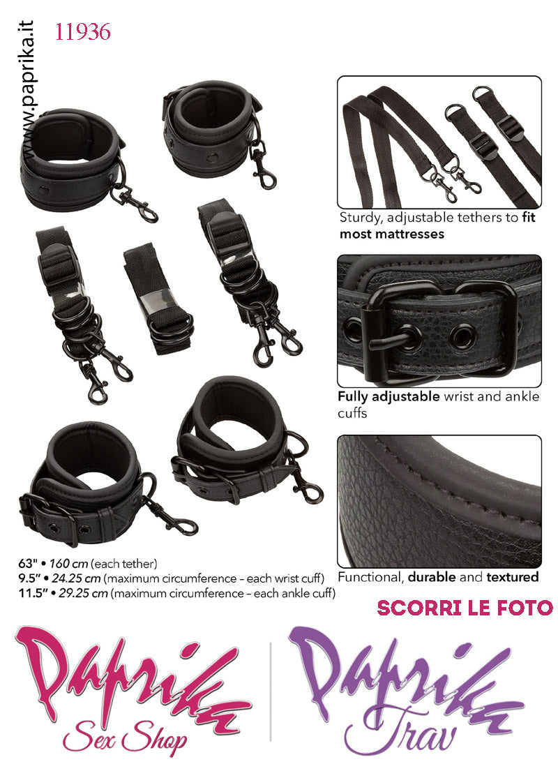 Set Bondage Letto Manette Cavigliere Fibbie Moschettoni Metallo Cinghie