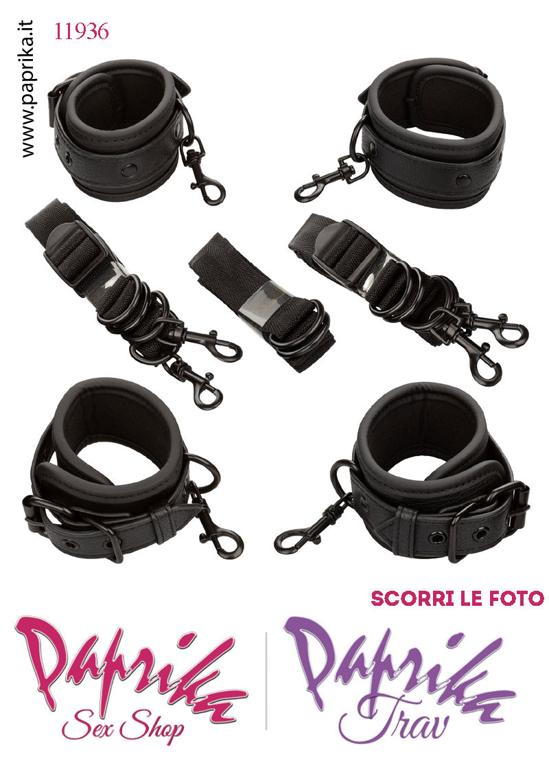 Set Bondage Letto Manette Cavigliere Fibbie Moschettoni Metallo Cinghie