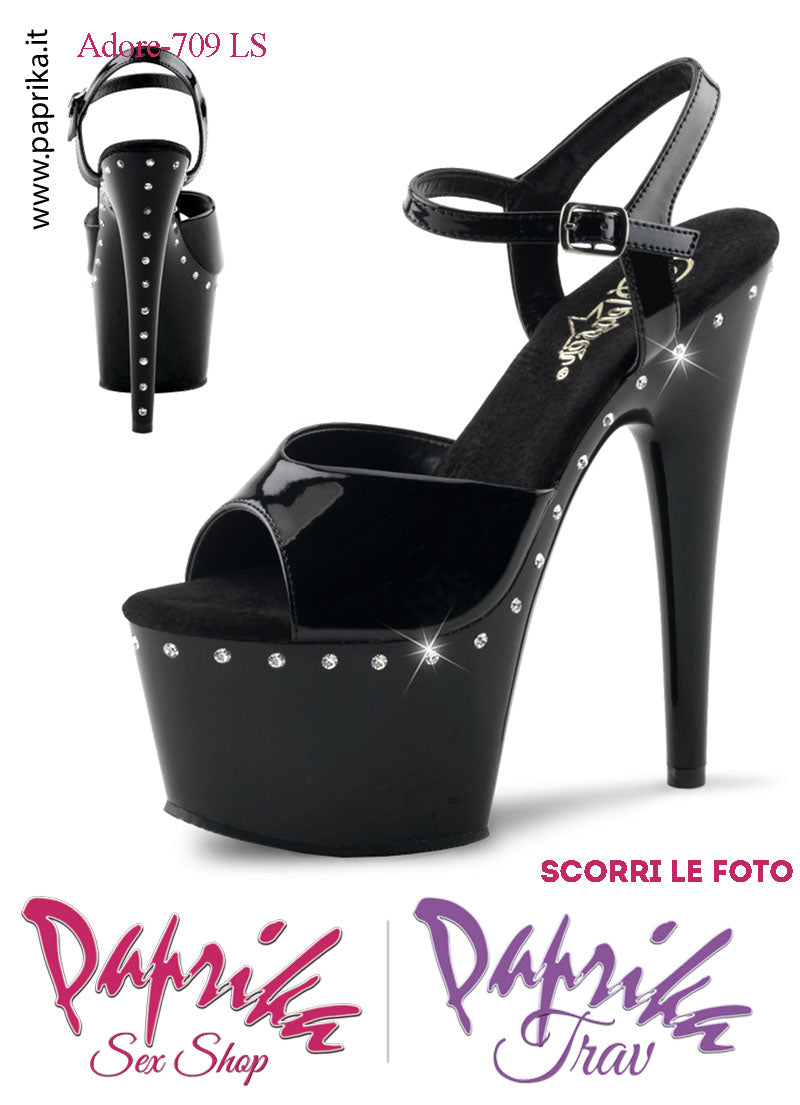 Sandali Sexy Vernice Nera contorno Strass Tacco Spillo 17.8 Zeppa 7 cm Cinturino