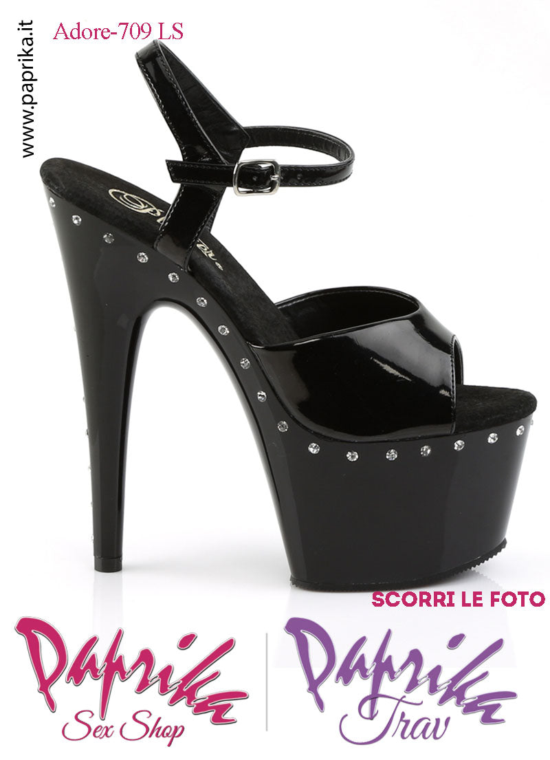 Sandali Sexy Vernice Nera contorno Strass Tacco Spillo 17.8 Zeppa 7 cm Cinturino