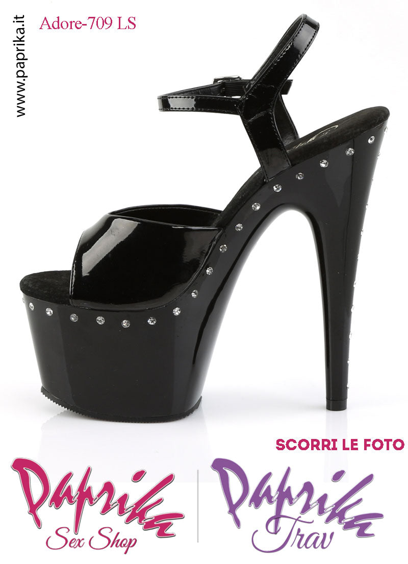 Sandali Sexy Vernice Nera contorno Strass Tacco Spillo 17.8 Zeppa 7 cm Cinturino