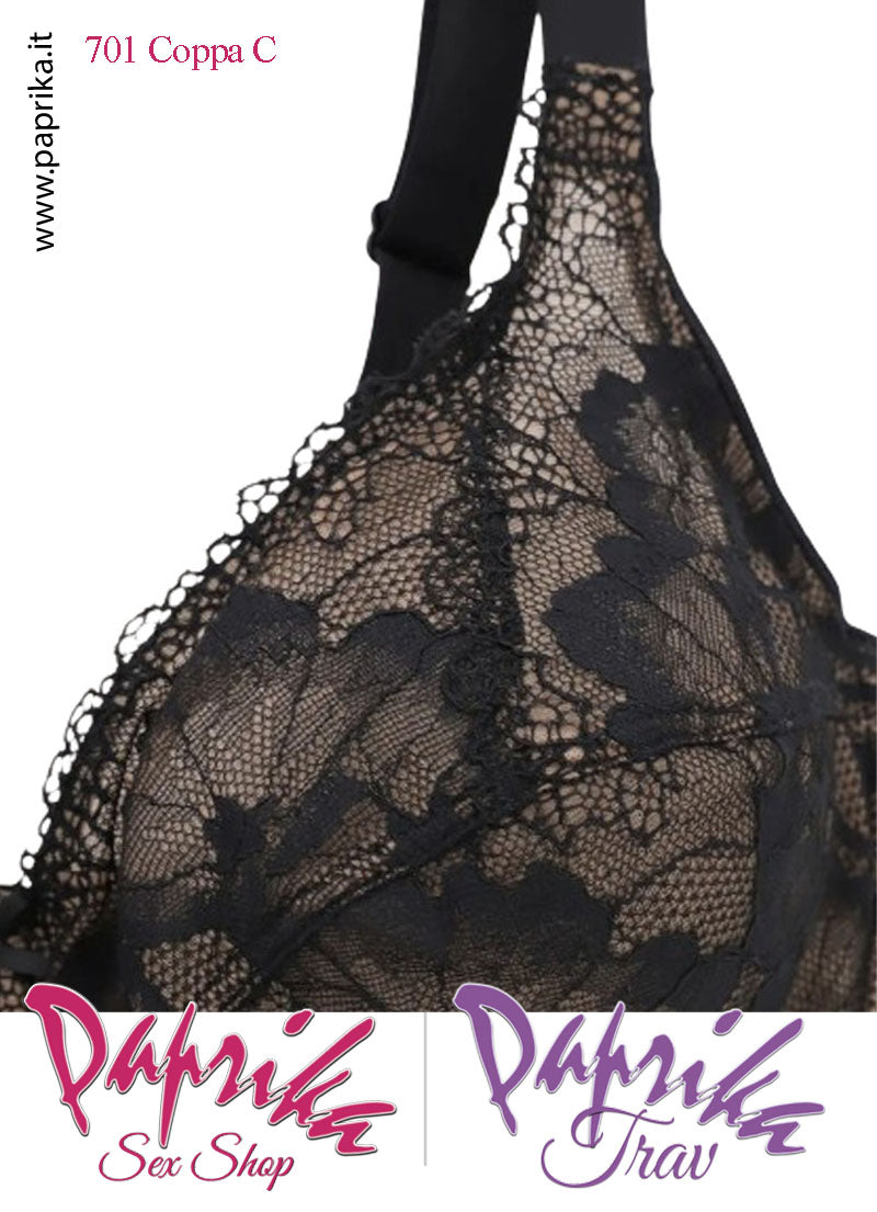 Reggiseno Pizzo Semi Trasparente Ferretto Nudo Nero Coppa C