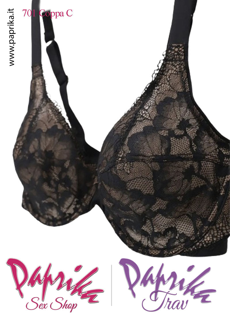 Reggiseno Pizzo Semi Trasparente Ferretto Nudo Nero Coppa C