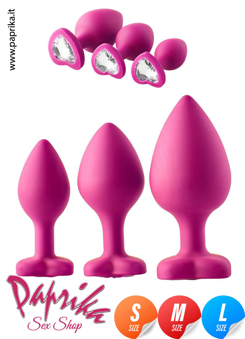 Kit Prima Volta Anale 3 Plug Rosebud Silicone Cuore Trasparente